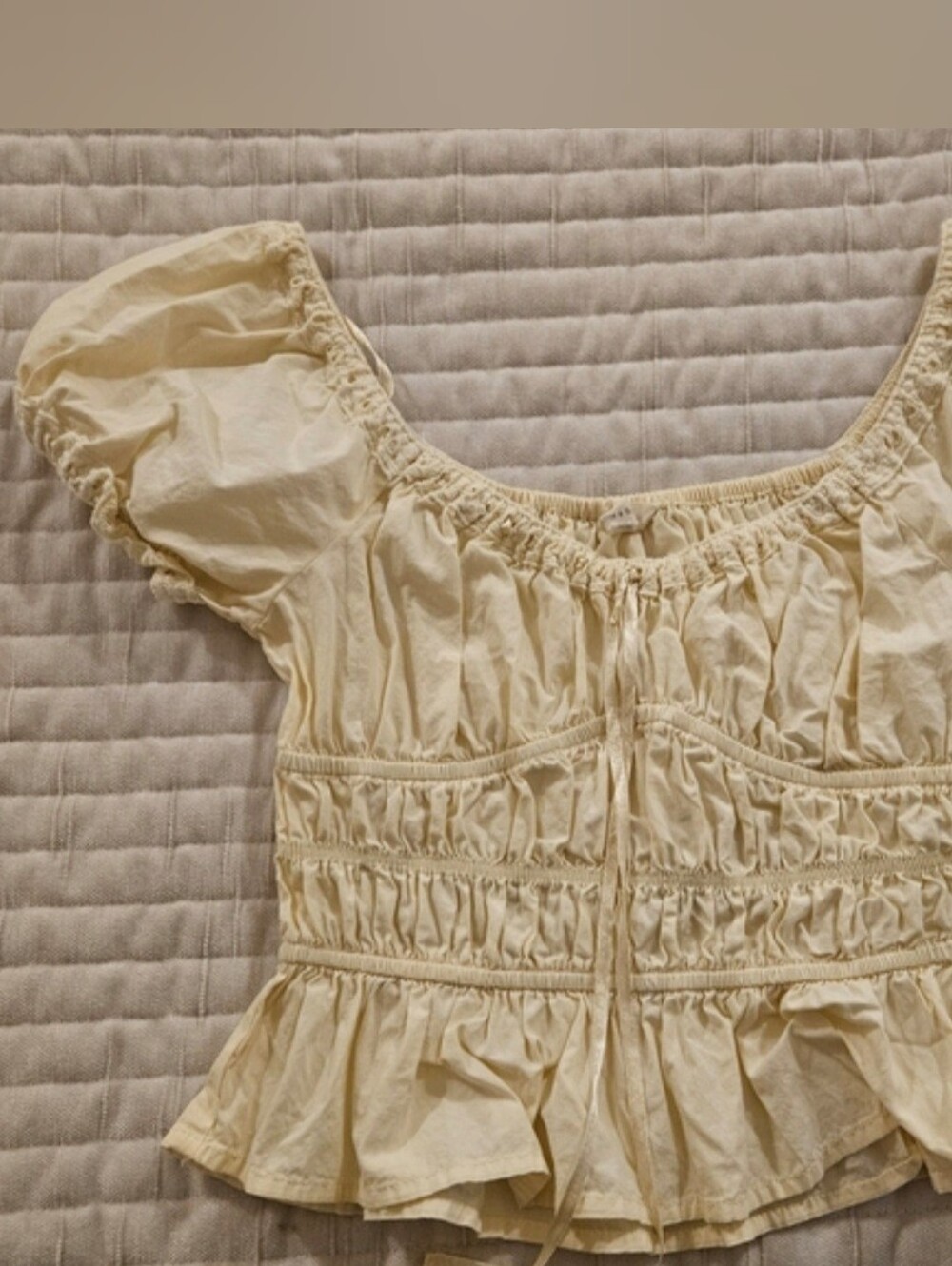 Cream Smocked Peplum Puff Sleeve Top